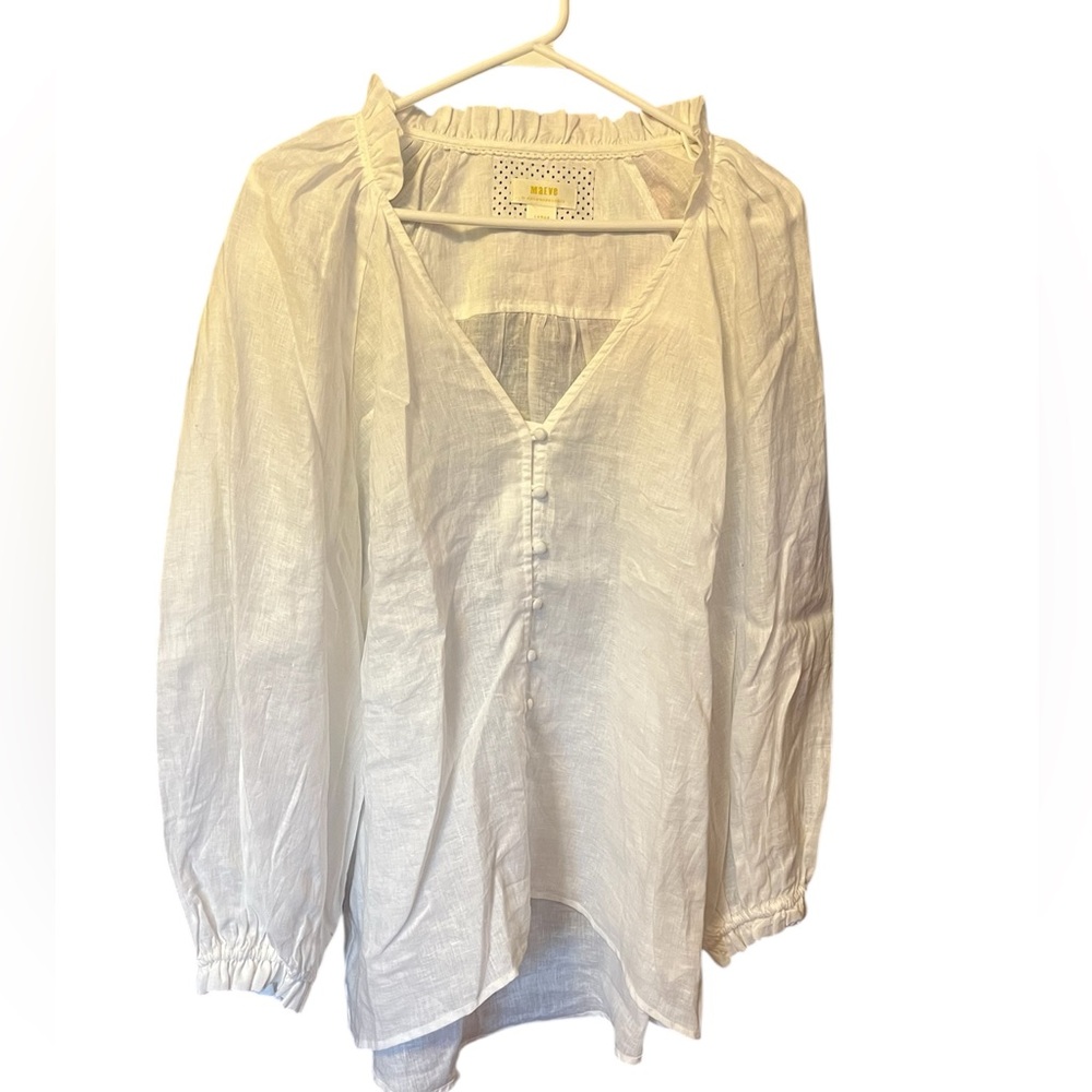 Maeve White Relaxed 3/4 Sleeve Blouse with Bib Collar